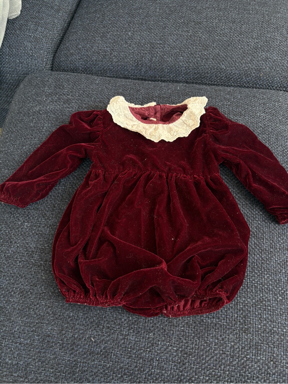 Jacadi Deep Burgundy Velvet One-Piece with Cream Lace Collar